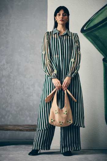 EASE_Green Organza, Shantoon Sequins, Beads Collared, Yes Midori Print Kurta Set _at_Aza_Fashions