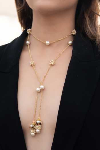 Do Taara_Gold Plated Layered Tassel Pearl Necklace _at_Aza_Fashions
