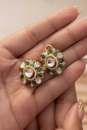 Do Taara_Green Polki Stud Earrings _Online_at_Aza_Fashions