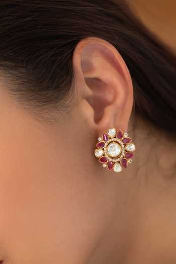 Shop_Do Taara_Pink Polki Stud Earrings _Online_at_Aza_Fashions