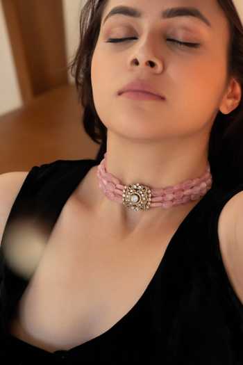 Buy_Do Taara_Pink Polki And Rose Quartz Choker Necklace _Online_at_Aza_Fashions