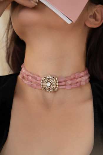 Shop_Do Taara_Pink Polki And Rose Quartz Choker Necklace _Online_at_Aza_Fashions