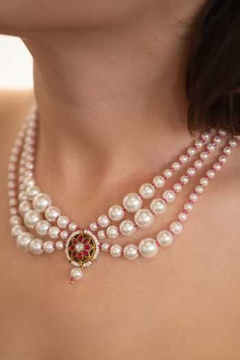Do Taara_Red Three Layered Pearl Necklace _Online_at_Aza_Fashions