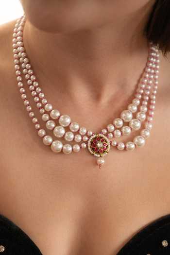 Shop_Do Taara_Red Three Layered Pearl Necklace _Online_at_Aza_Fashions