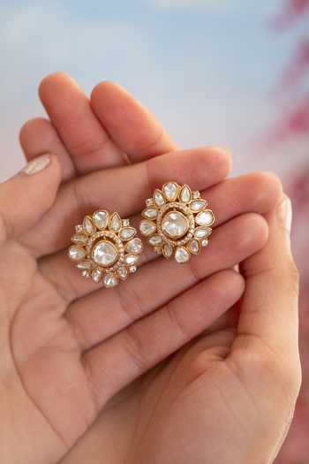 Shop_Do Taara_Gold Plated Polki Stud Earrings _Online_at_Aza_Fashions