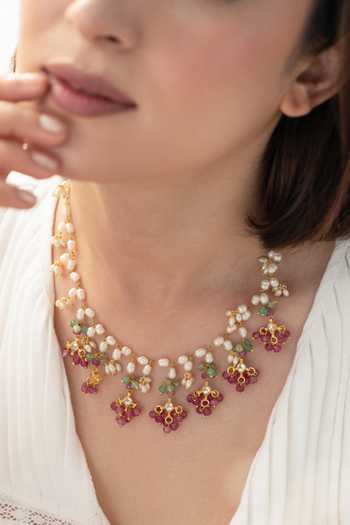 Buy_Do Taara_Pink Pearl And Kundan Work Necklace _Online_at_Aza_Fashions