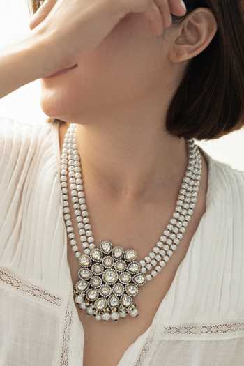 Do Taara_Silver Plated Pearl And Floral Placed Polki Necklace _Online_at_Aza_Fashions