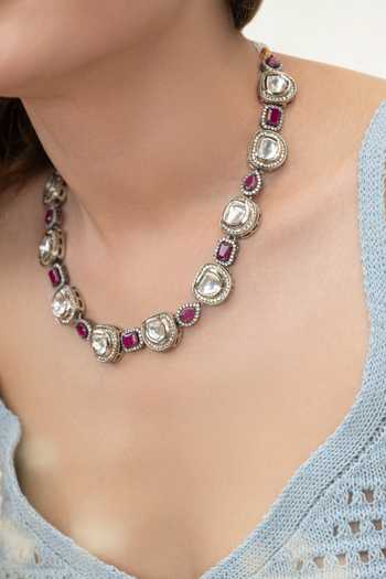Do Taara_Pink Polki And Zircon Studded Necklace _Online_at_Aza_Fashions