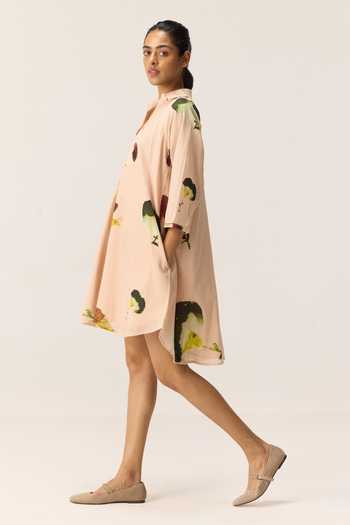 Buy_Kharakapas_Peach Muslin (mulmul) Collared Blush Tide Print Dress _Online_at_Aza_Fashions