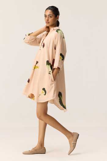 Shop_Kharakapas_Peach Muslin (mulmul) Collared Blush Tide Print Dress _Online_at_Aza_Fashions