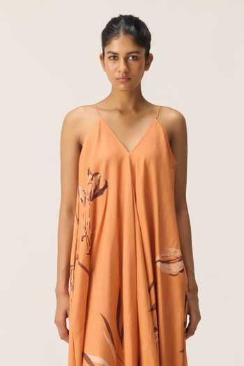 Buy_Kharakapas_Orange Muslin (mulmul) V-neck Flame Leaves Print Mul Dress _Online_at_Aza_Fashions