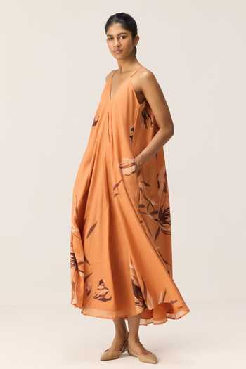 Shop_Kharakapas_Orange Muslin (mulmul) V-neck Flame Leaves Print Mul Dress _Online_at_Aza_Fashions