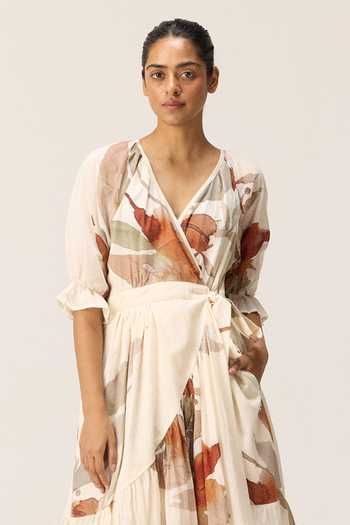 Shop_Kharakapas_Multi Color Muslin (mulmul) V-neck Falling Grace Print Dress _Online_at_Aza_Fashions