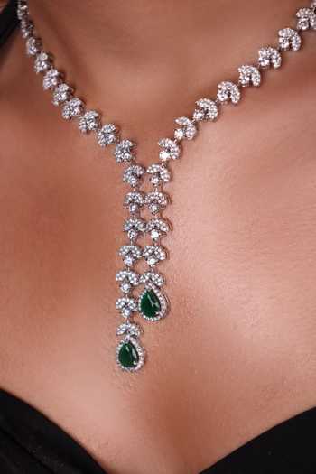 Moh-Maya By Disha Khatri_Silver Plated Emerald Zircon Choker And Stud Earrings Set _Online_at_Aza_Fashions
