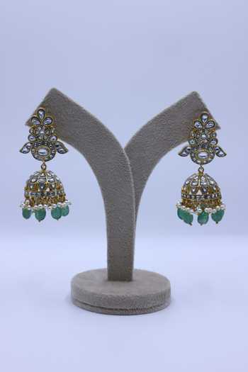 Moh-Maya By Disha Khatri_Green Kundan Polki Choker With Jhumka Earrings _Online_at_Aza_Fashions