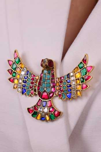 Moh-Maya By Disha Khatri_Multi Color Stone Studded Pachi Kundan Brooch _Online_at_Aza_Fashions