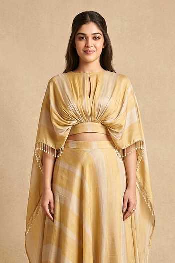Shop_Two Sisters By Gyans_Gold Silk Keyhole Neck Molten Draped Cape And Lehenga Set _Online_at_Aza_Fashions