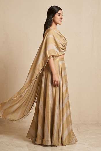 Buy_Two Sisters By Gyans_Gold Silk Keyhole Neck Molten Draped Cape And Lehenga Set 