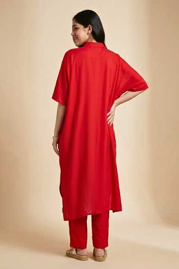 Two Sisters By Gyans_Red Silk Collared, Button-down Neck Crimson Wings Kaftan And Pant Set _Online_at_Aza_Fashions