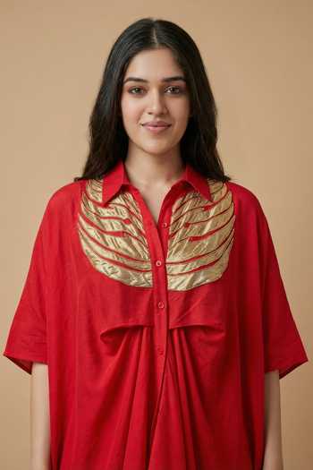 Shop_Two Sisters By Gyans_Red Silk Collared, Button-down Neck Crimson Wings Kaftan And Pant Set _Online_at_Aza_Fashions