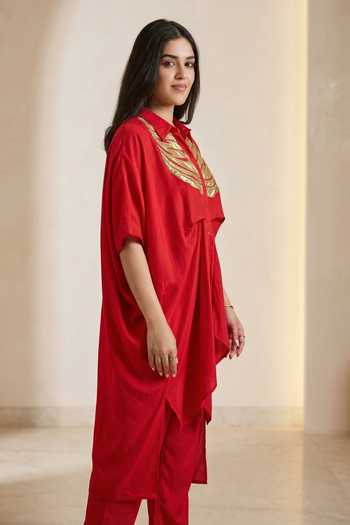 Two Sisters By Gyans_Red Silk Collared, Button-down Neck Crimson Wings Kaftan And Pant Set _at_Aza_Fashions