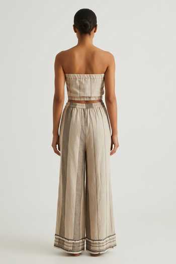 Two Sisters By Gyans_Beige Cotton Open Neck, Bandeau Cinched Vertical Stripes Jacket And Trouser Set _Online_at_Aza_Fashions