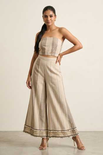 Buy_Two Sisters By Gyans_Beige Cotton Open Neck, Bandeau Cinched Vertical Stripes Jacket And Trouser Set _Online_at_Aza_Fashions
