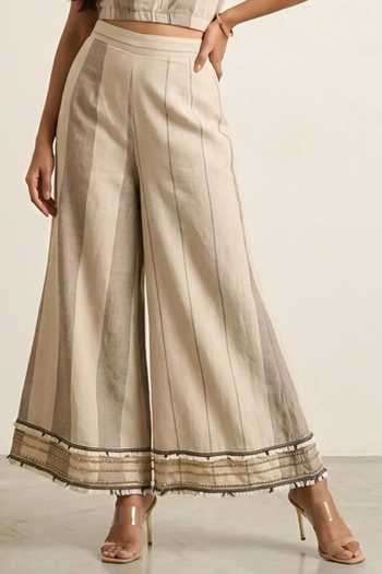 Shop_Two Sisters By Gyans_Beige Cotton Open Neck, Bandeau Cinched Vertical Stripes Jacket And Trouser Set _Online_at_Aza_Fashions