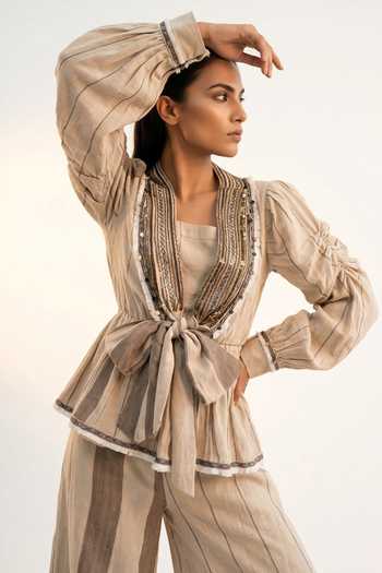 Two Sisters By Gyans_Beige Cotton Open Neck, Bandeau Cinched Vertical Stripes Jacket And Trouser Set _at_Aza_Fashions