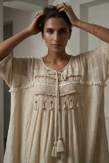 Buy_Two Sisters By Gyans_Grey Cotton Round Neck Textured Yoke Threadwork Kaftan And Pant Set _Online_at_Aza_Fashions