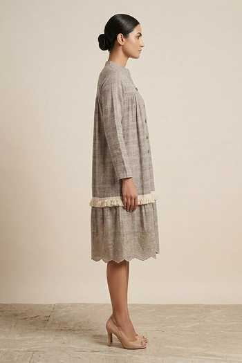 Two Sisters By Gyans_Grey Cotton Mandarin Collar Haze Handloom Dress _Online_at_Aza_Fashions