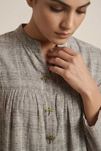 Buy_Two Sisters By Gyans_Grey Cotton Mandarin Collar Haze Handloom Dress _Online_at_Aza_Fashions