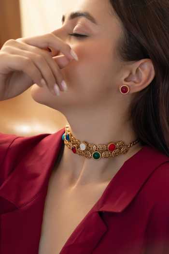 Do Taara_Multi Color Double Layered Choker And Stud Earrings Set _Online_at_Aza_Fashions