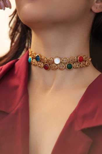 Buy_Do Taara_Multi Color Double Layered Choker And Stud Earrings Set _Online_at_Aza_Fashions