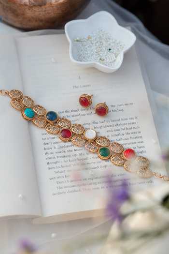 Shop_Do Taara_Multi Color Double Layered Choker And Stud Earrings Set _Online_at_Aza_Fashions