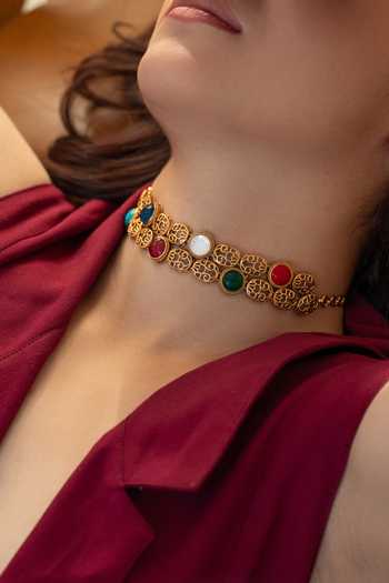 Do Taara_Multi Color Double Layered Choker And Stud Earrings Set _at_Aza_Fashions