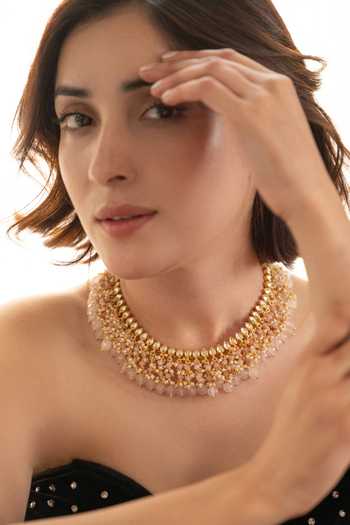 Shop_Do Taara_Pink Kundan And Rose Quartz Necklace Set _Online_at_Aza_Fashions