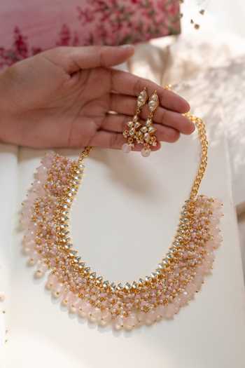 Do Taara_Pink Kundan And Rose Quartz Necklace Set _at_Aza_Fashions