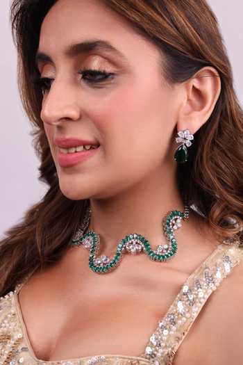 Moh-Maya By Disha Khatri Emerald Zircon Choker & Stud Earrings Set 