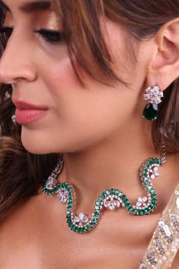 Moh-Maya By Disha Khatri_Emerald Green Zircon Choker And Stud Earrings Set _Online_at_Aza_Fashions