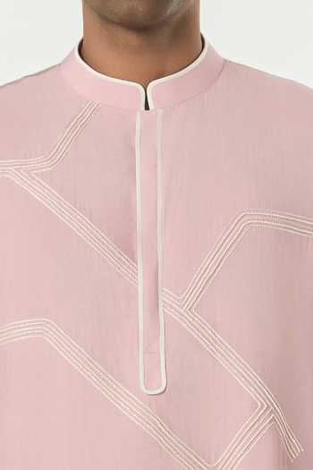 Line Out Line_Pink Chanderi Meta Grid Kurta _Online_at_Aza_Fashions
