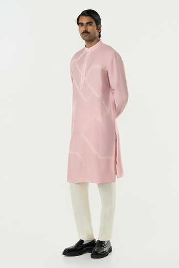 Buy_Line Out Line_Pink Chanderi Meta Grid Kurta _Online_at_Aza_Fashions
