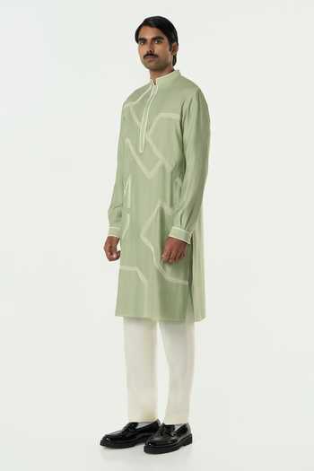 Buy_Line Out Line_Green Chanderi Meta Grid Kurta _Online_at_Aza_Fashions