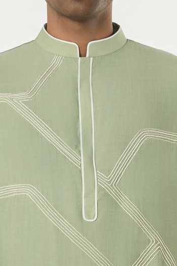 Shop_Line Out Line_Green Chanderi Meta Grid Kurta _Online_at_Aza_Fashions