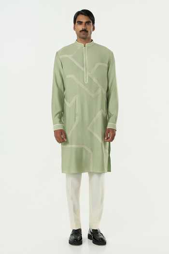 Line Out Line_Green Chanderi Meta Grid Kurta _at_Aza_Fashions