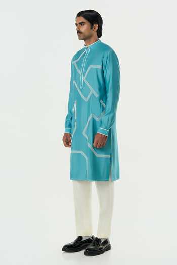 Buy_Line Out Line_Teal Chanderi Meta Grid Embroidered Kurta _Online_at_Aza_Fashions