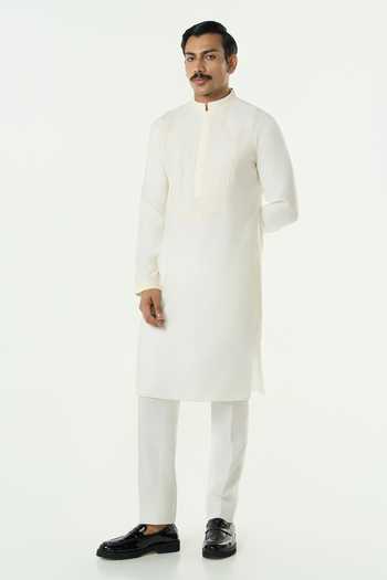 Line Out Line_Ivory Chanderi Meta Twist Embroidered Kurta _at_Aza_Fashions