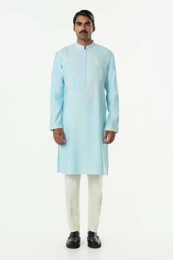 Shop_Line Out Line_Blue Chanderi Embroidered Meta Twist Kurta _Online_at_Aza_Fashions