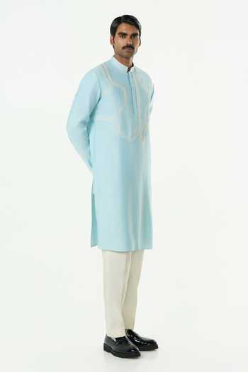Line Out Line_Blue Chanderi Embroidered Meta Twist Kurta _at_Aza_Fashions