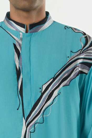 Shop_Line Out Line_Teal Chanderi The Abstract Resham Embroidered Kurta _Online_at_Aza_Fashions